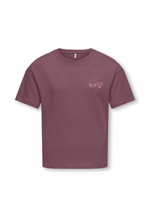 Mauve short-sleeve crew neck t-shirt with small pink embroidered "ONLY" and a heart on the left chest.