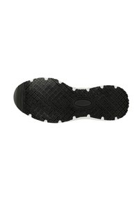 Schwarze Gummisohle mit strukturiertem Grip-Muster und weißen Akzenten. Verfügt über tiefe Stollen für bessere Traktion und ein glattes Kanten-Design.