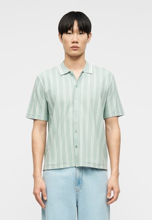 Mees seljas heleroheline lühikeste varrukatega nööbitav särk valgete vertikaalsete triipudega ja helesinised teksad, seisab ühevärvilise tausta ees.