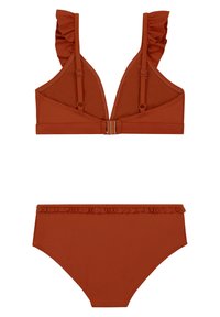 Bikini komplet v rjavi barvi z nabranim topom in visokim pasom, z nastavljivimi naramnicami in zaponko.