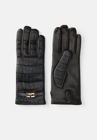 Luvas de couro pretas com textura de crocodilo. Apresentam um detalhe em tom dourado e um design ajustado. Incluem uma tira de pulso para um ajuste seguro.
