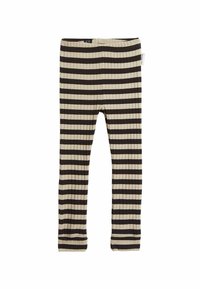Ribbade leggings i beige och mörkbruna ränder. Har ett elastiskt midjeband och en etikett på sidan. Slät textur och åtsittande design.