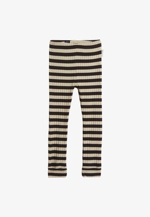 Geribbelde legging in beige en donkerbruin gestreept. Heeft een elastische tailleband en een label aan de zijkant. Soepele textuur en aansluitend ontwerp.