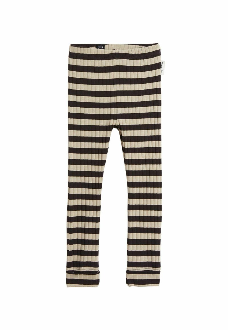 Ribbade leggings i beige och mörkbruna ränder. Har ett elastiskt midjeband och en etikett på sidan. Slät textur och åtsittande design.