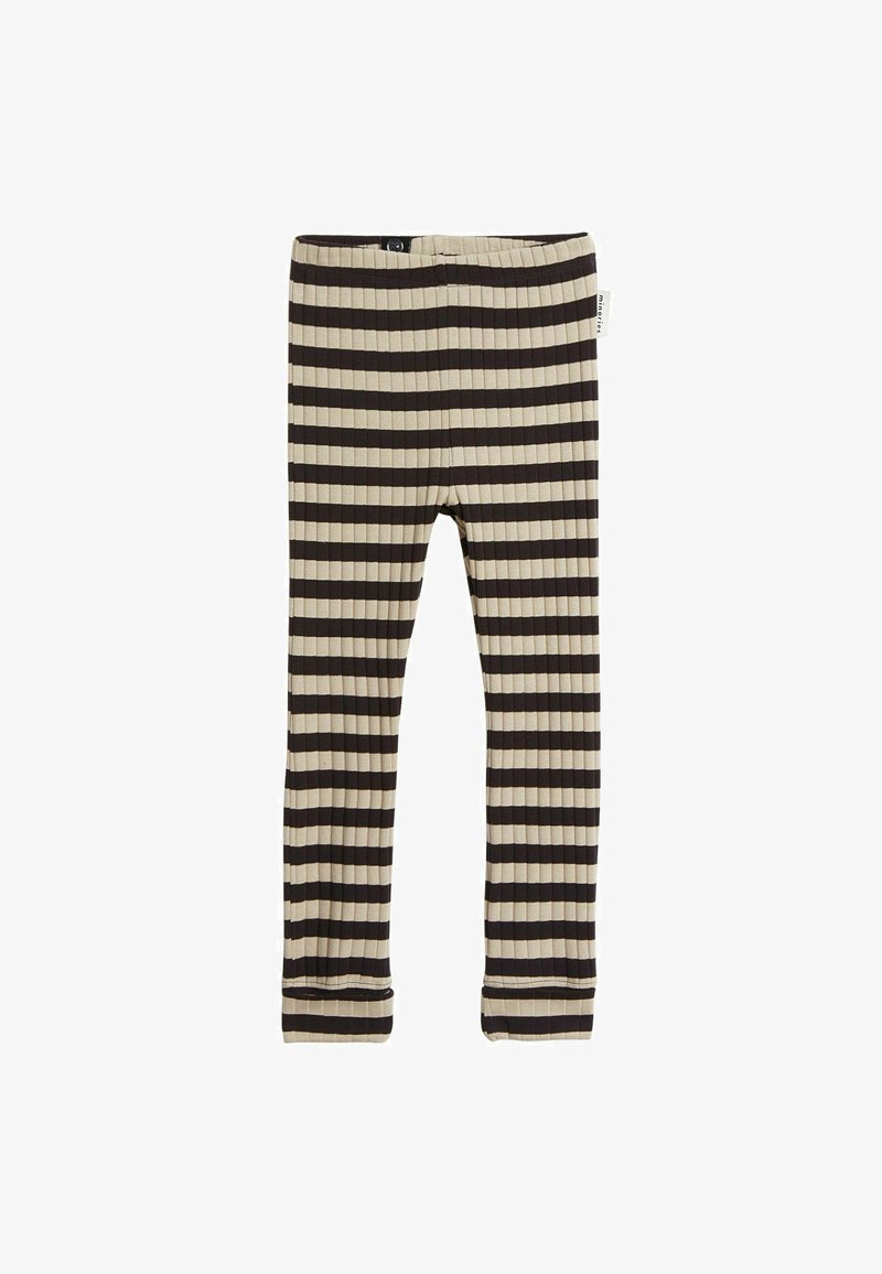 Geribbelde legging in beige en donkerbruin gestreept. Heeft een elastische tailleband en een label aan de zijkant. Soepele textuur en aansluitend ontwerp.