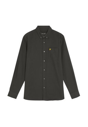 Long-sleeve button-up shirt in dark gray fabric. Features a small chest pocket and a yellow embroidered logo on the left side.