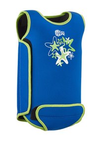 Gilet de natation en néoprène bleu avec des coutures d'accent vert et des motifs d'étoiles de mer en blanc et vert. Conçu pour la sécurité aquatique et le confort.