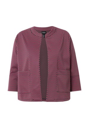 Jacket s burgundy a růžovým vzorem má kulatý výstřih, spadlými rameny, dvěma předními kapsami a volným střihem.
