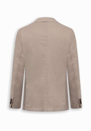 Blazer beige da uomo visto da dietro con maniche lunghe, collo a risvolto e dettagli con bottoni sui polsini.