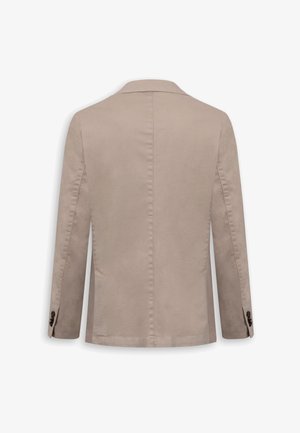 Beige herreblazer set bagfra med lange ærmer, hakket krave og knapdetaljer på ærmekanterne.