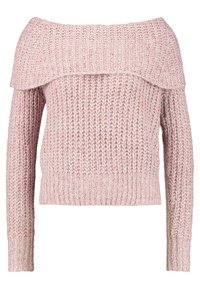 Maglione rosa a spalle scoperte in maglia con una trama testurizzata e una lavorazione larga, con polsini e orlo a coste. Presenta un design del colletto a strati per un tocco di dettaglio in più.