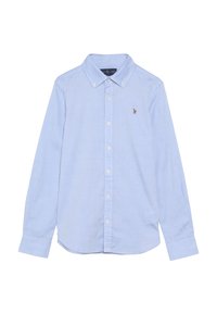 Camicia azzurra chiaro a maniche lunghe con bottoni in cotone. Presenta un colletto classico, bottoni bianchi e un piccolo logo sul lato sinistro del petto.
