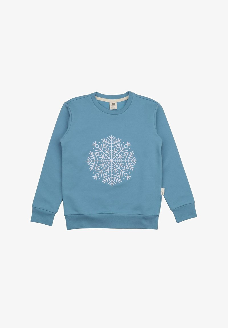 Blue sweatshirt with long sleeves, ribbed cuffs, and a white snowflake graphic on the front. Made from soft, textured cotton material.