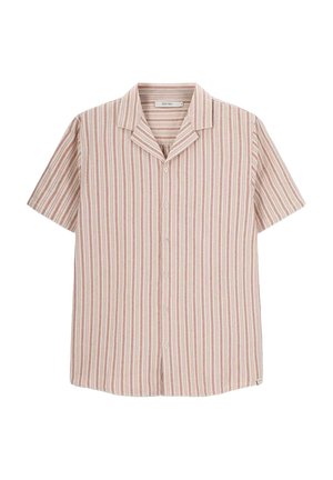 Korte mouwen shirt in lichtroze en roomkleurige gestreepte stof, met een notch-kraag en een knoopsluiting aan de voorkant met witte knopen.