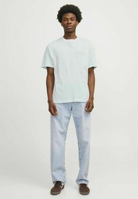 Lichtblauw t-shirt met korte mouwen en een ronde hals, gecombineerd met lichtgewassen spijkerbroeken. De stof lijkt zacht, met minimale tekstdetails.