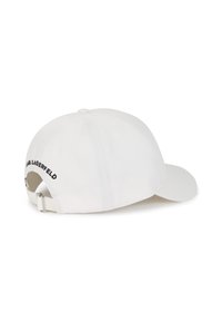 Căciulă de baseball albă cu brăcletă curbată, curea ajustabilă la spate și logo-ul "Karl Lagerfeld" brodat în negru pe lateral.