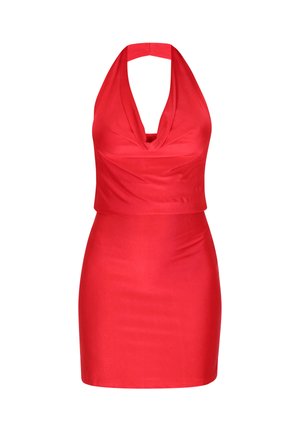 Red halter neck dress made of smooth fabric; fitted bodice with draped detail at the neckline and a form-fitting skirt.