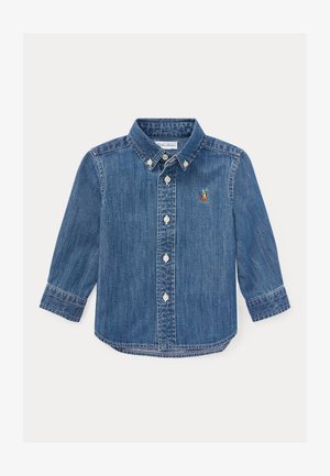 Denim blouse met lange mouwen, kraag, witte knopen en klein geborduurd logo op de linkerborst.
