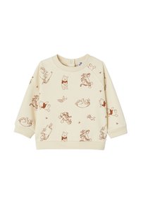 Ein hellcremiges Sweatshirt mit cartoonhaften braunen Designs von Figuren, darunter ein Bär und ein Tiger, sowie gerippten Bündchen und einem Rundhalsausschnitt.