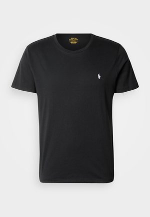 Black cotton t-shirt with a crew neck, short sleeves, and a small white embroidered logo on the left chest. Soft texture.