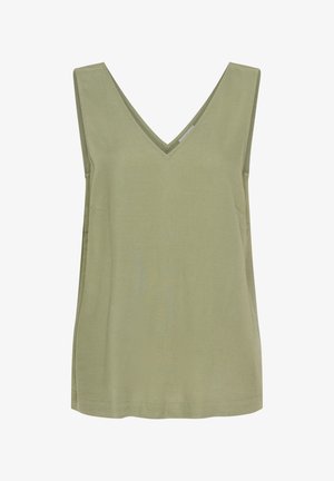 Oliwkowy bezrękawnik z głębokim dekoltem w kształcie V i luźnym krojem. Wykonany z miękkiego materiału, z przeszyciami wzdłuż dekoltu i dołu.
