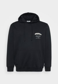 Black hoodie with front pocket, drawstring hood, and white text reading "ORIGINALS INTERNATIONAL Connecting Creativity Across Distances" on chest.