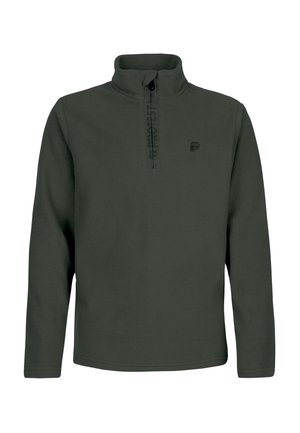 Donkergroene fleece trui met lange mouwen, halve ritssluiting bij de kraag en klein borstlogo, getoond op een effen witte achtergrond.