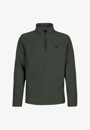 Dark green long-sleeve fleece pullover with a half-zip collar and small chest logo, displayed on a plain white background.