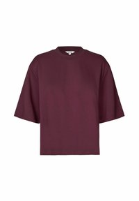 Maroon oversized t-shirt, round neckline, short sleeves, made of smooth cotton blend fabric. Simple design with no patterns or accents.