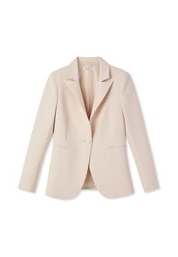 Blazer beige, tessuto leggero, chiusura con un solo bottone, rever a punta, due tasche frontali, texture liscia, design su misura, interno non foderato.