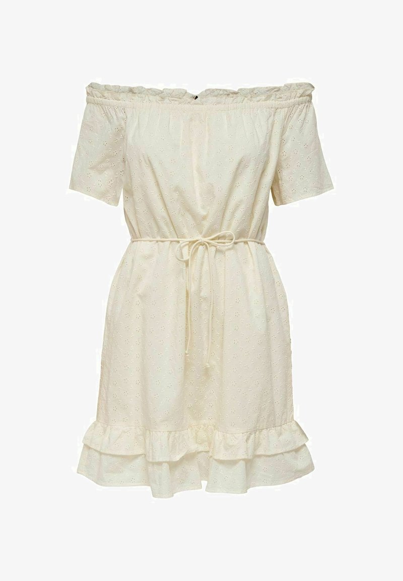 Robe crème décolletée avec broderie à œillets, manches courtes et ourlet à volants. Elle possède un lien à la taille pour un ajustement personnalisé.