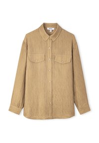 Beige Button-Up-Hemd aus strukturiertem, geripptem Stoff. Mit Kragen, zwei Brusttaschen und langen Ärmeln. Klassische Passform.