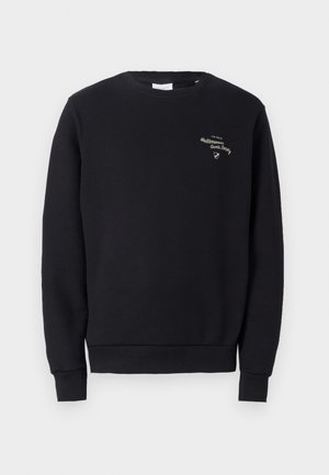 Sudadera negra de algodón, con cuello redondo, puños y dobladillo acanalados, y texto bordado en dorado en el pecho.