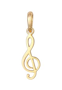 Guld treble clef hänge med polerad yta, med förlängda kurvor och en slät textur, fäst via en enkel ögla.