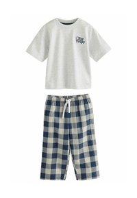 T-shirt gris à manches courtes, avec un motif de visage souriant. Short à carreaux bleu marine et blanc assorti, avec une taille élastique et un cordon de serrage.