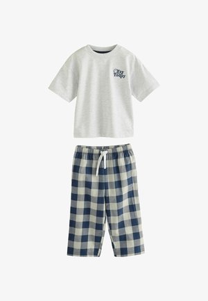 Grå T-shirt med korte ærmer, prydet med et smilende ansigt grafik. Matchende navy og hvid ternede shorts med elastisk talje og snøre.