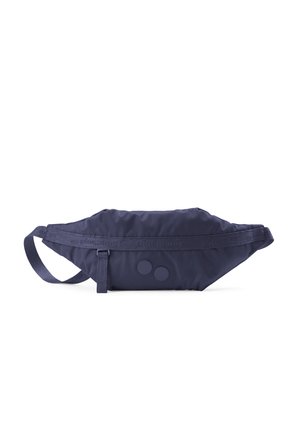 Marineblaue wattierte Hüfttasche mit verstellbarem Riemen und zwei runden dekorativen Knöpfen auf der Vorderseite.