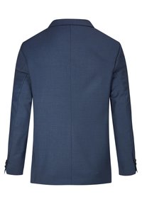 Blazer bleu marine avec une texture lisse, fente au dos, et boutons aux poignets. Coupe ajustée avec un design de col classique.