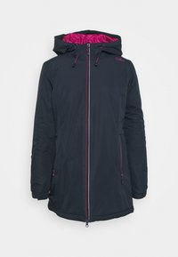 Veste à capuche matelassée bleu marine foncé avec fermeture éclair frontale, poches latérales zippées, doublure et accents roses.