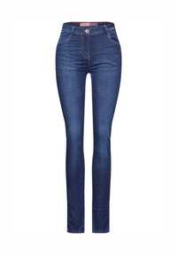 Smala jeans i mörkblå denim med hög midja, fem fickor och en lätt blekning. Knäppning med knapp och bälteshällor ingår.