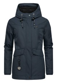 Navy blue waterproof jacket with a hood, two front pockets, drawstrings, and a circular emblem detail. Soft inner lining for warmth.