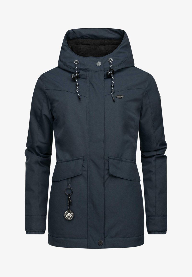 Navy blue waterproof jacket with a hood, two front pockets, drawstrings, and a circular emblem detail. Soft inner lining for warmth.