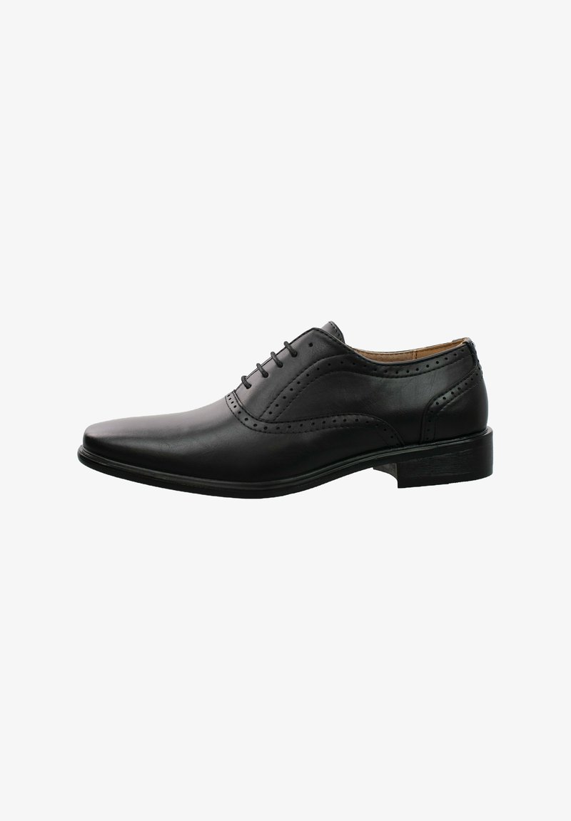 Zapato de vestir negro de cuero para hombre con punta afilada, costuras detalladas y cinco ojetes para los cordones. Textura suave y un tacón bajo.