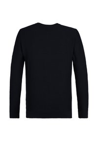 Black sweater featuring a textured knit pattern, long sleeves, ribbed cuffs and hem, and a crew neckline. Minimalist design with no visible hardware.