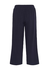 Pantaloni a gamba larga blu navy, realizzati in tessuto leggero, con una vita elastica e una texture liscia, dal taglio lungo fino al pavimento.