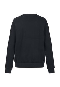 Black sweatshirt with a round neckline, ribbed cuffs, and waistband. Smooth texture with a simple design, no patterns or embellishments.