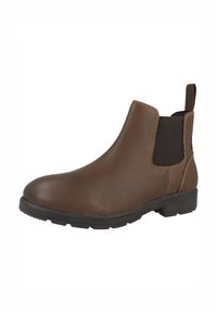 Braune Leder-Stiefelette mit elastischen Seiteneinsätzen, runder Zehenform, Gummisohle und dekorativen Steppnähten.