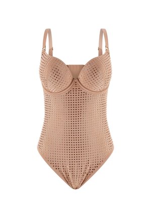 Nude one-piece swimsuit with molded cups, outlined by small silver studs, adjustable straps, and a fitted, smooth texture.