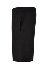 Black knee-length shorts with elastic waistband and side pocket on plain white background.