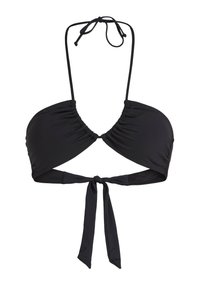 Zwarte bikini-top met een geplooid ontwerp, halternekstrik en een geknoopt rugband. Gemaakt van een gladde stof met minimale details.